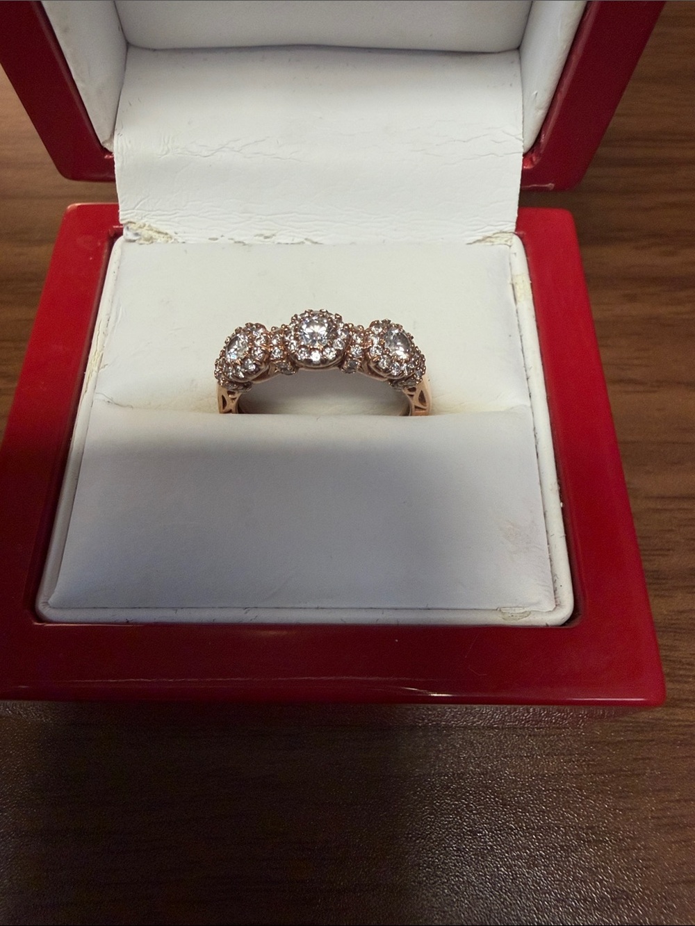14k Rose Gold Three-Stone Halo Ring with Round Diamonds